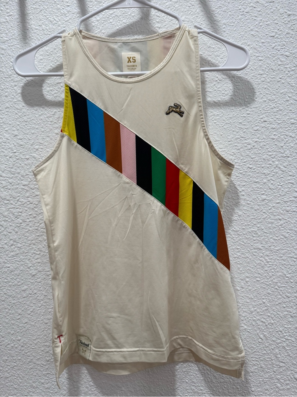 Tracksmith Cream Rowing Blazer Racerback Tank with Diagonal Rainbow Stripe